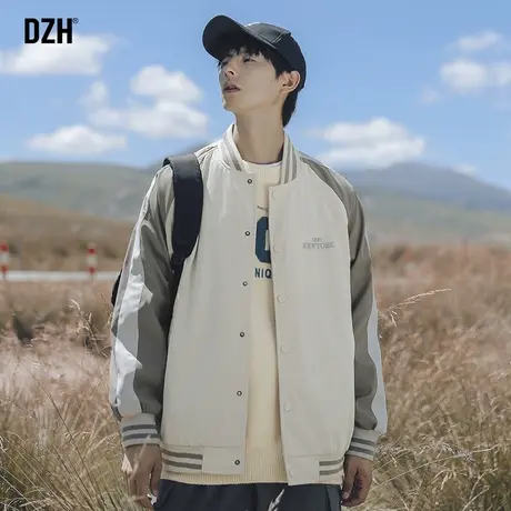 男生杏色拼接棒球服男款美式休闲外套潮高级感2025新款飞行员夹克图片