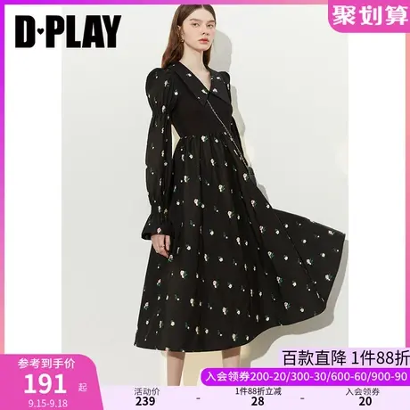 DPLAY2023秋宫廷风黑色高腰泡泡荷叶袖立体刺绣小碎花大摆连衣裙商品大图