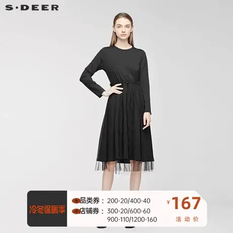 sdeer圣迪奥女时尚休闲松紧收腰春秋网纱拼接长袖连衣裙S19361204🏸商品大图