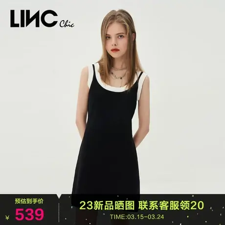 LINC金羽杰2023夏秋新款撞色紧致针织吊带连衣裙女S231SD165Y图片