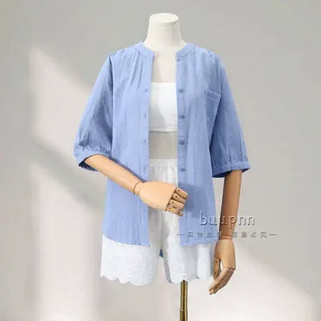 全棉双层纱衬衫女夏季V领宽松七分袖休闲文艺衬衣吊带背心两件套图片