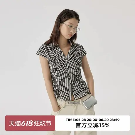 omont蛋挞家 复古小飞袖条纹衬衫女夏季修身显瘦短袖衬衣上衣图片