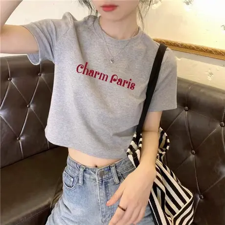美式复古灰色正肩短袖t恤女短袖夏季设计感小众修身显瘦百搭上衣商品大图