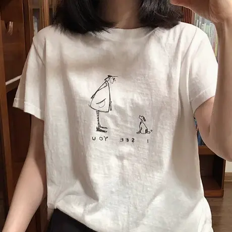 韩国东大门人物简笔画简约柔软舒适短袖T恤女百搭半袖chic上衣夏商品大图