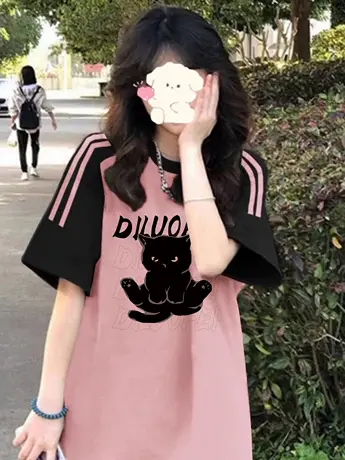 慵懒风hiphop潮牌撞色插肩短袖t恤女ins减龄大码条纹设计感上衣夏商品大图