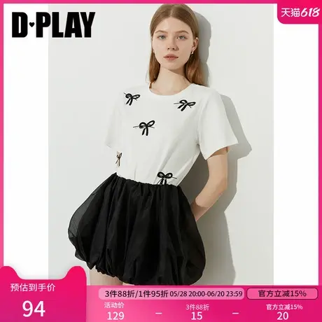 DPLAY【惠品】2025年夏季新款立体蝴蝶结白色t恤女圆领上衣短袖图片
