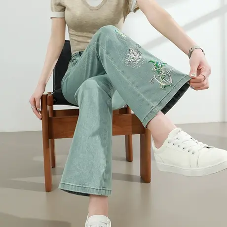 烫钻蝴蝶刺绣微喇牛仔裤女夏季薄款高腰修身弹力小个子九分喇叭裤商品大图