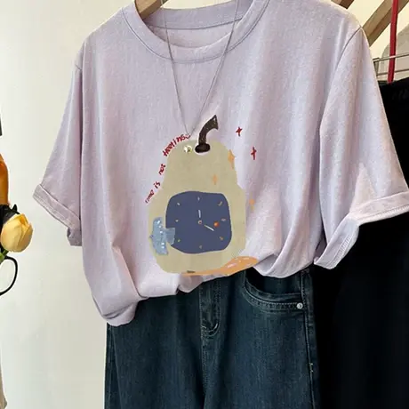 韩系复古流行凉感透气雪花棉短袖T恤女夏季宽松慵懒风显瘦上衣潮商品大图