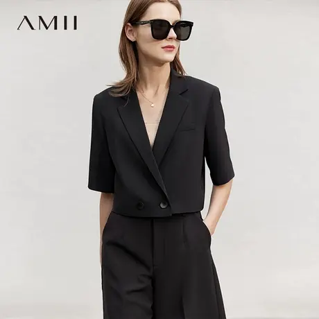 Amii2025夏季新款短款西装外套女炸街短袖休闲西服上衣黑色职业装图片