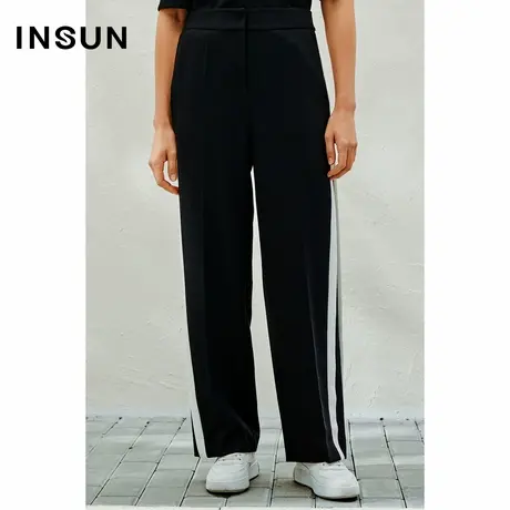 INSUN恩裳春款简约黑白撞色边女裤休闲裤商品大图