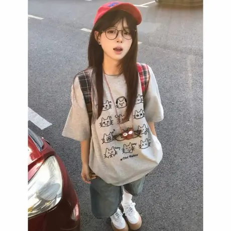 韩系小众设计感灰色短袖女2025新款宽松上衣纯棉落肩爆款夏季t恤图片