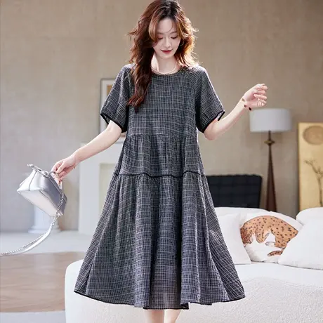 宝诗黎【新品价298元】圆领格子短袖连衣裙YF1100图片