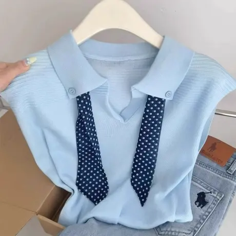 针织辣妹背心无袖女2025新款夏外穿设计感小众百搭polo衫翻领上衣商品大图