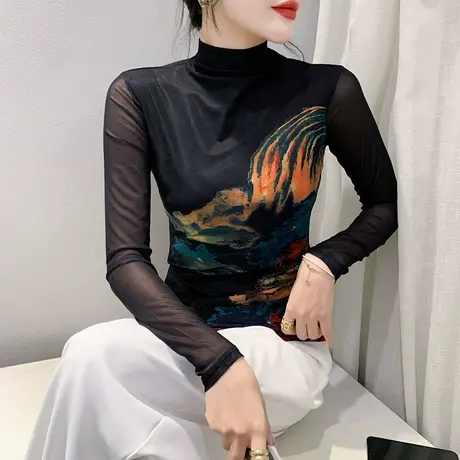 2024秋季扎染印花上衣性感网纱半高领T恤女长袖洋气修身打底衫ins商品大图