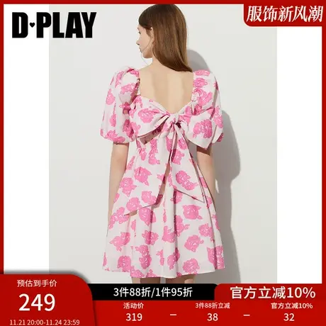 DPLAY夏法式夏日少女感粉调剪影绑带蝴蝶结度假裙印花连衣裙商品大图