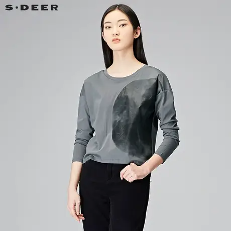 sdeer圣迪奥2019秋装潮简约圆领时尚落肩长袖T恤女S18180205图片