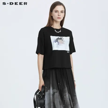 s.deer圣迪奥夏季上衣字母印花纯棉短袖黑色宽松T恤女S21260153图片