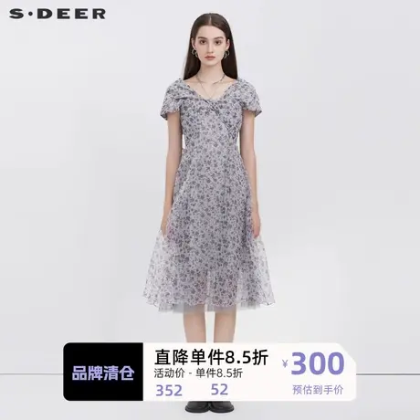 sdeer圣迪奥女装V领拼接碎花无袖连衣裙S223Z120R商品大图