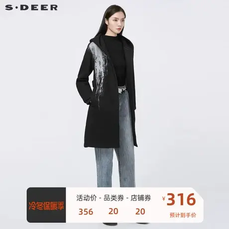 sdeer圣迪奥女装休闲连帽撞色印花收腰毛呢大衣女冬外套S20481807图片