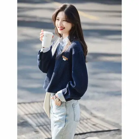 时尚卫衣2024年款女拼接假两件学院风减龄短款套头针织上衣商品大图