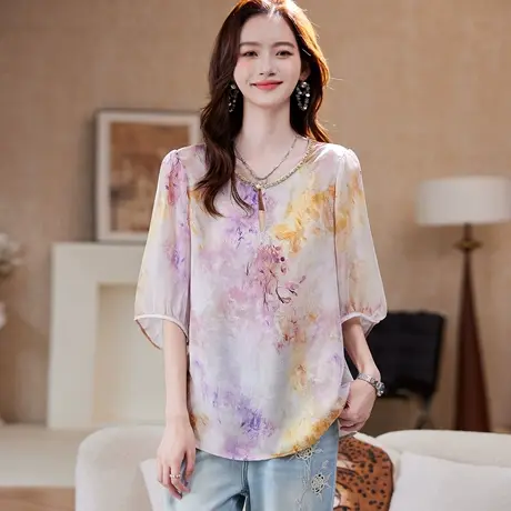 宝诗黎【新品价168元】V领钉珠提花衬衫TR4056商品大图