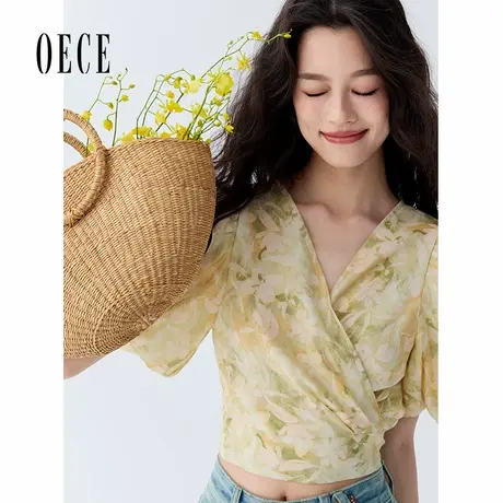 Oece设计感小众V领碎花衬衫夏季新款泡泡袖系带小个子上衣女商品大图