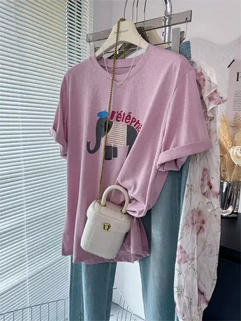 青春减龄可爱小象印花凉爽雪花棉短袖T恤女薄 宽松垂感粉紫色上衣商品大图