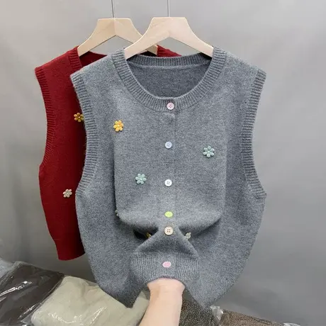 2025新款春装宽松无袖毛衣圆领马甲短外套女开衫叠穿设计感马夹女商品大图