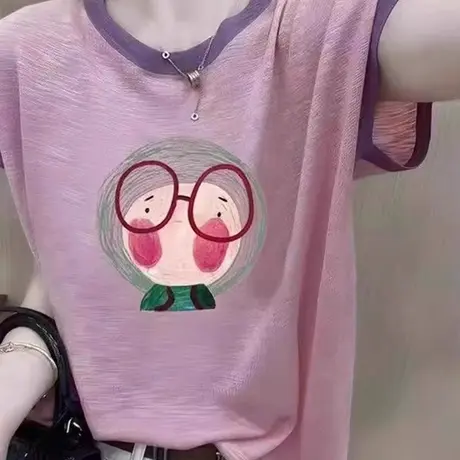 欧洲站竹节棉正肩短袖T恤女夏季罩衫薄款设计感小众撞色针织上衣图片