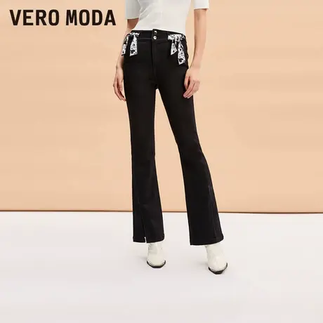Vero Moda黑色牛仔裤春夏爆款丝带开叉高腰九分微喇裤323432001商品大图
