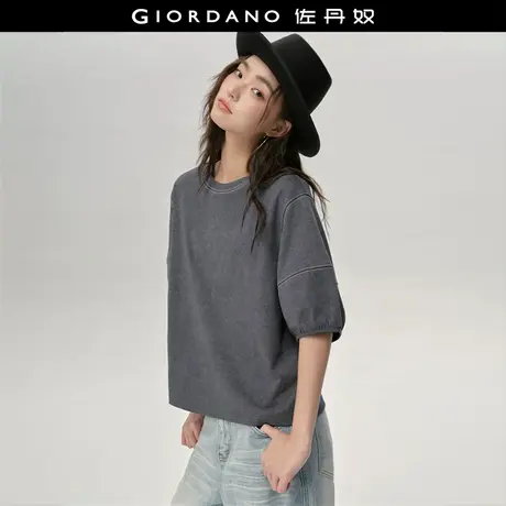 设计师款佐丹奴宽松T恤女复古洗褪圆领明线破骨中袖t恤女18325212图片