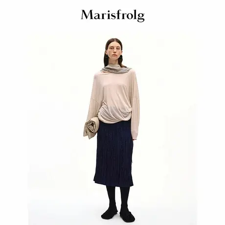 Marisfrolg玛丝菲尔2025秋新款褶皱H型微包廓形后开叉真丝半身裙图片