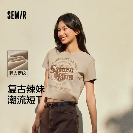 [商场同款]森马短袖T恤女短款修身印花2024新款做旧复古辣妹夏装图片
