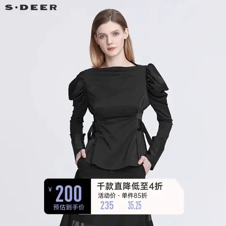 sdeer圣迪奥一字领收腰不规则宫廷袖黑色衬衫女S22180514🍍商品大图