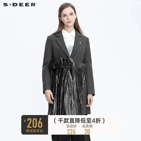 sdeer圣迪奥冬季休闲平驳领抽褶拼接毛呢西装风衣外套女S20481707🗜商品大图