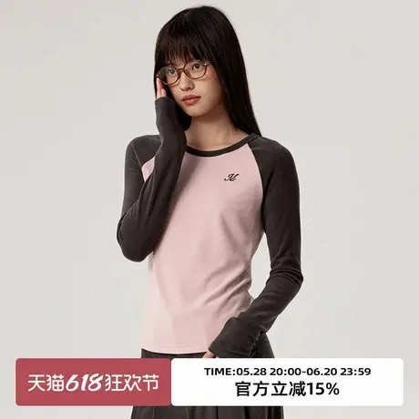 omont蛋挞家 复古修身磨毛加厚插肩袖T恤冬长袖上衣商品大图