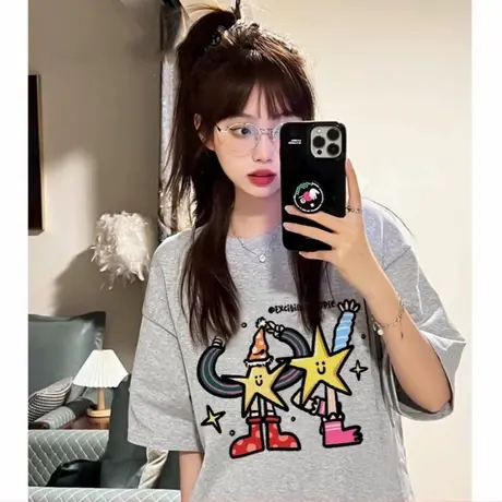 超好看甜酷风百搭灰色短袖t恤女下衣失踪大版纯棉半袖宽松上衣夏商品大图