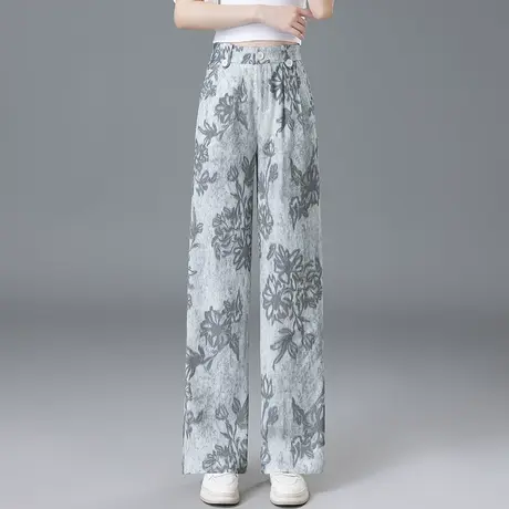 时尚窄版印花阔腿裤女夏季2025新款高腰垂感显瘦直筒长裤休闲裤子商品大图