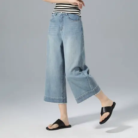 浅色毛边七分阔腿牛仔裤女夏季薄款小个子八分裤宽松高腰直筒裤夏商品大图