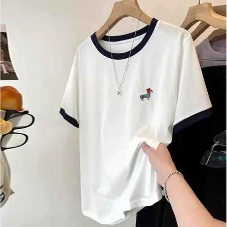 卡通动漫刺绣短袖T恤女夏季韩版宽松显瘦打底衫撞色圆领纯棉上衣商品大图