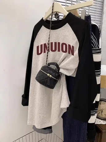 日系插肩袖内搭胖mm大码春夏纯棉长袖t恤女休闲风ins潮设计感上衣图片