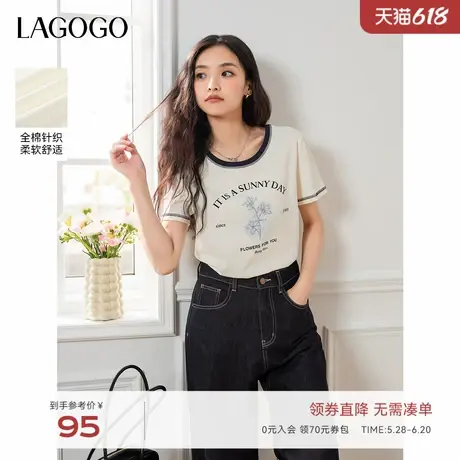 LAGOGO印花全棉撞色T恤女拉谷谷2025春夏新款圆领学院风短袖上衣商品大图