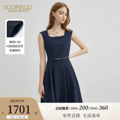 Scofield女气质显瘦简约方领无袖连衣裙A字小黑裙2023秋冬季新款图片