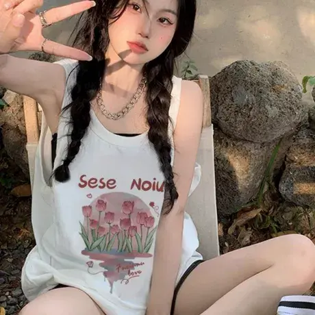 纯棉辣妹吊带运动坎肩背心无袖t恤女夏外穿慵懒风宽松篮球服上衣商品大图