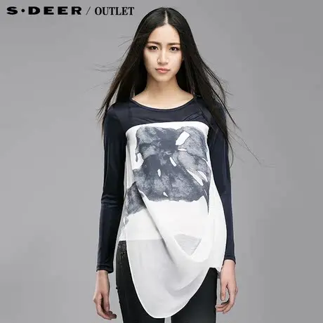 sdeer圣迪奥女装2017秋装文艺晕染垂荡长袖撞色拼接T恤S15160204图片