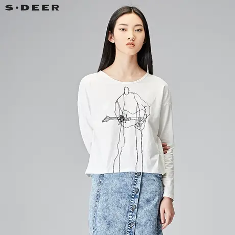 sdeer圣迪奥女装秋装休闲撞色抽象印花白色长袖T恤S18180203图片