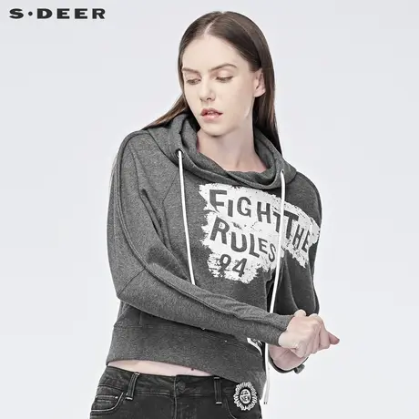 sdeer圣迪奥2019秋装女装休闲撞色字母涂鸦连帽短款卫衣S19182228图片