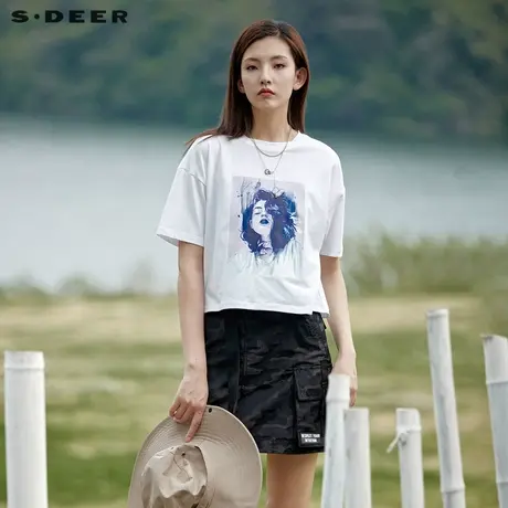 sdeer圣迪奥夏装休闲圆领人像印花白色短袖T恤S21260116图片