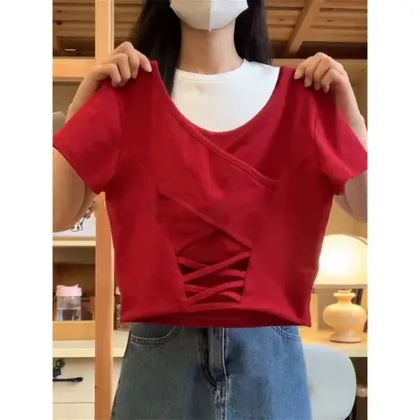 超火cec辣妹性感短袖T恤女夏天韩版修身高腰短款美背带胸垫上衣潮商品大图