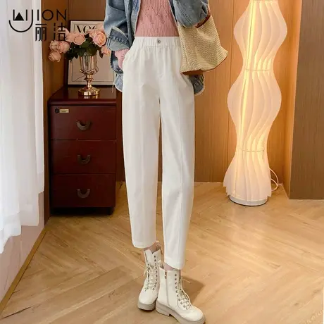 天丝哈伦裤女春秋新款今年流行高腰花苞萝卜裤白色休闲九分烟管裤图片
